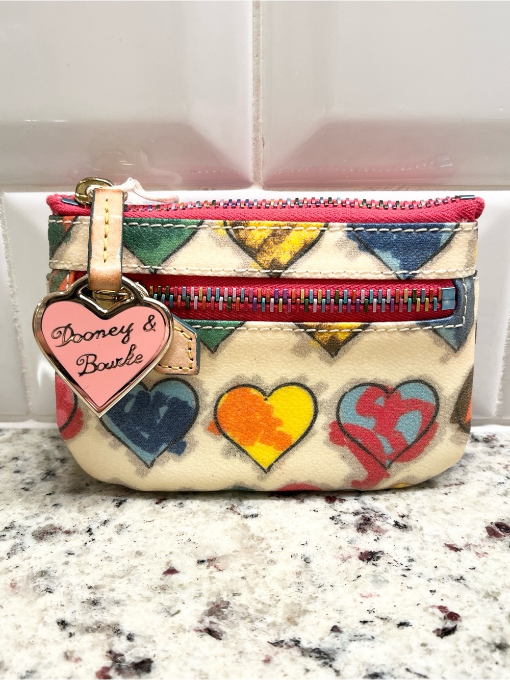 Dooney & Bourke Rainbow Heart Coin Case with Rainbow Zipper & Key Fob NWT